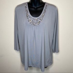 Susan Graver Gray Scoop Neck Jeweled 3/4 Sleeve